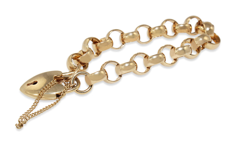 9ct Yellow Gold Round Belcher Link Bracelet with Heart Padlock
