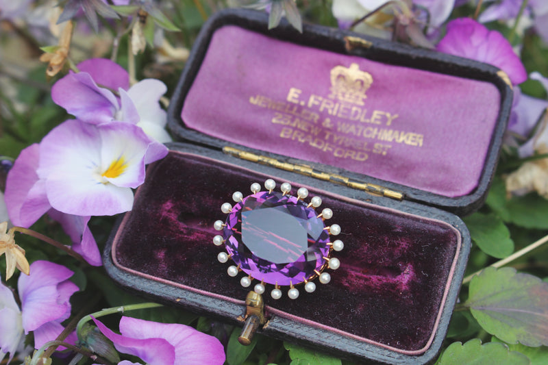 14ct Yellow Gold Antique Amethyst and Pearl Brooch