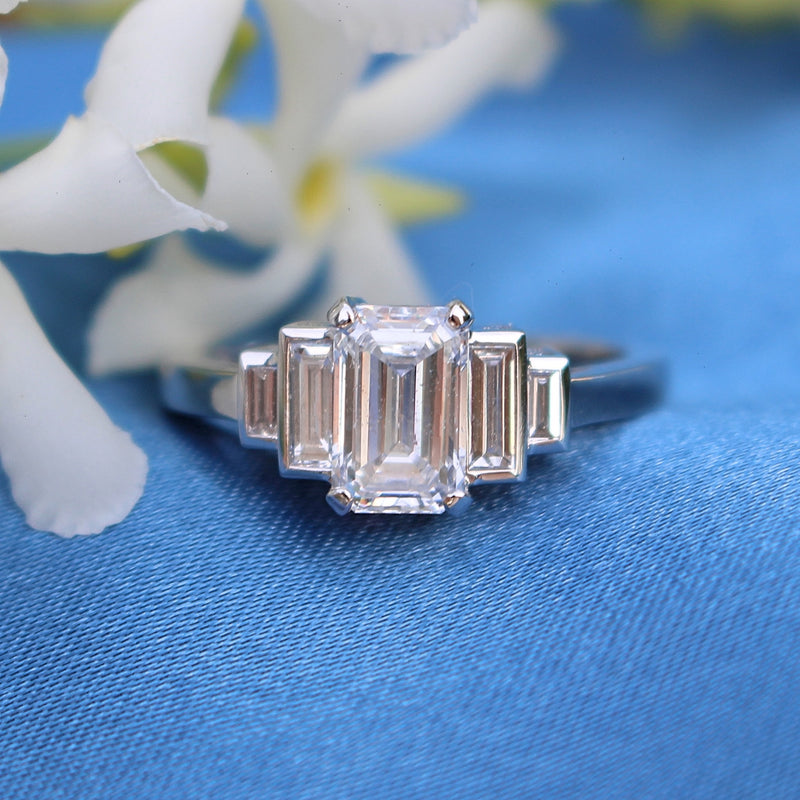 18ct White Gold Emerald and Baguette 5 Stone Diamond Ring