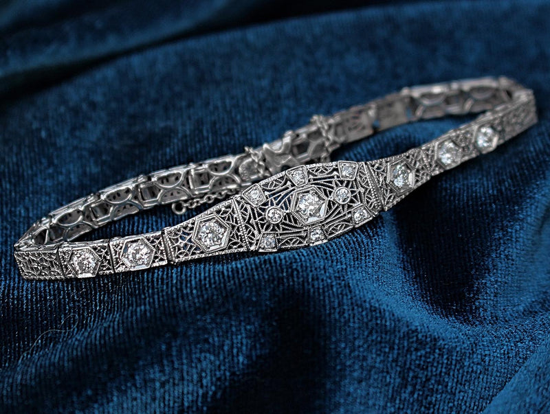 14ct White Gold Art Deco Old Cut Diamond Filigree Bracelet