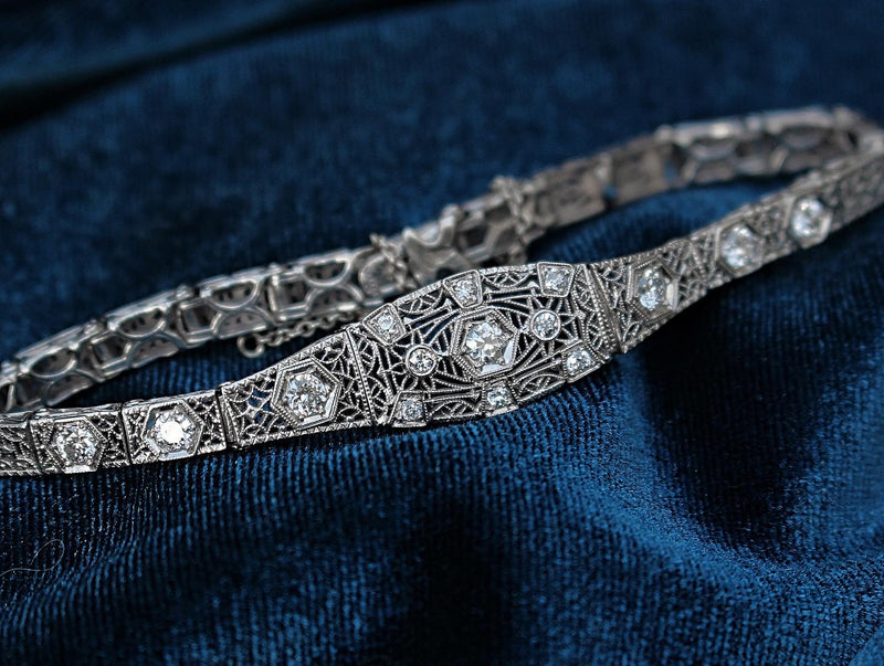 14ct White Gold Art Deco Old Cut Diamond Filigree Bracelet