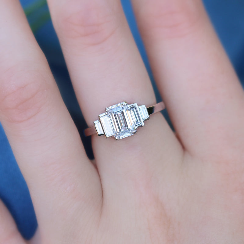 18ct White Gold Emerald and Baguette 5 Stone Diamond Ring