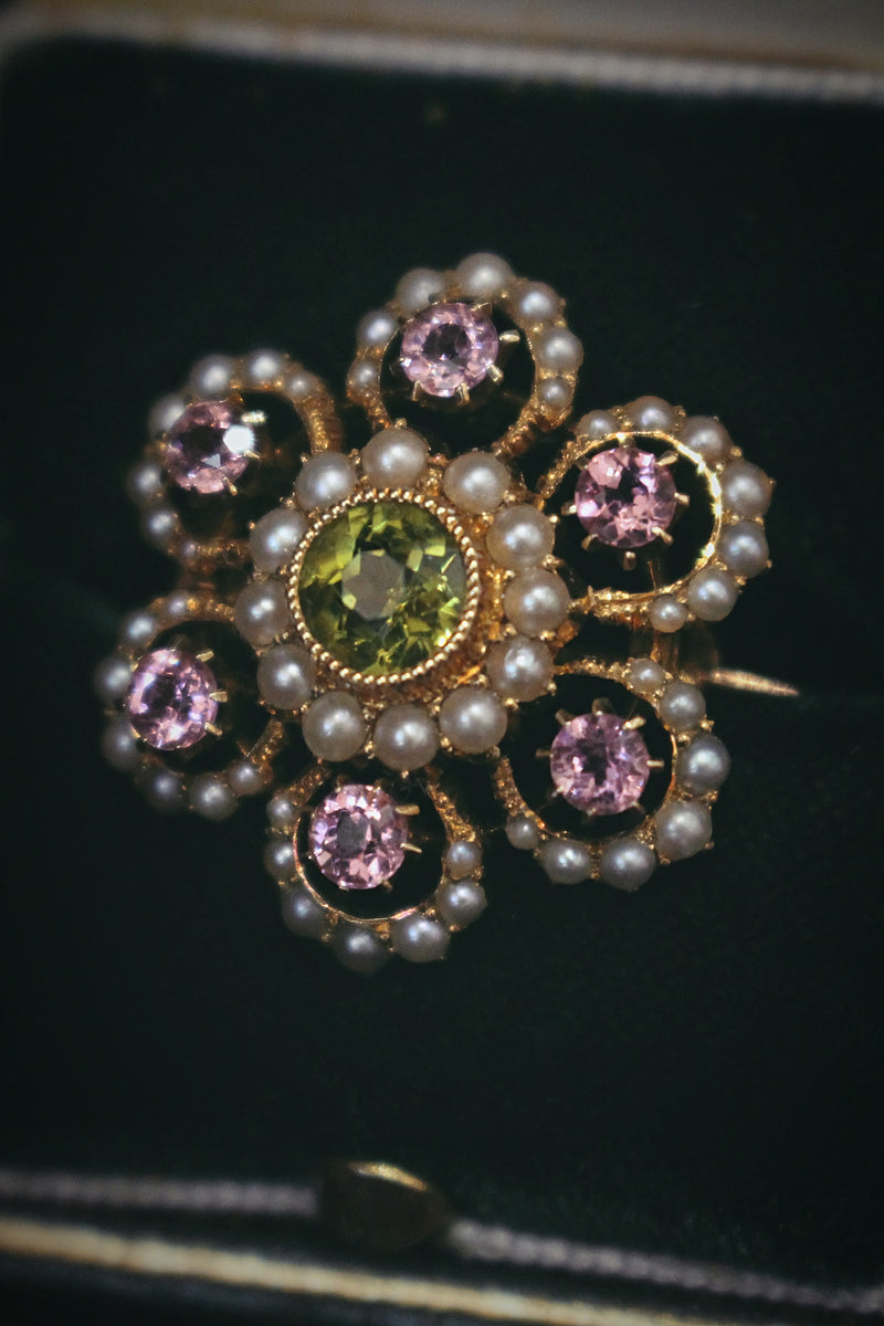 15ct Yellow Gold Antique Suffragette Tourmaline, Pearl and Peridot Brooch